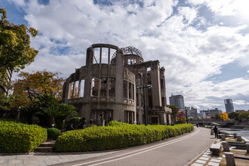 The A-Bomb Dome, skeletal ruins of the former Hiroshima Prefectural Industrial Promotion Hall at Hypocenter, Hiroshima Peace Memorial, UNESCO World Heritage Site, Horoshima, Honshu, Japan
