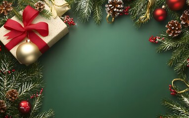 Christmas themed background featuring ornaments, a gift box with a red ribbon, and pine branches for seasonal decorations