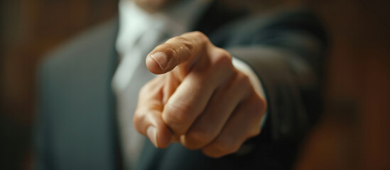business man pointing finger to front camera in manager room blur background