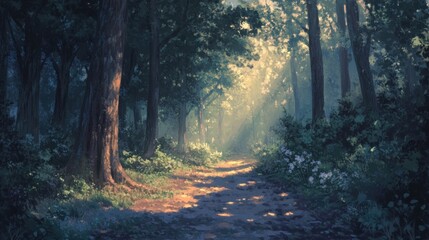 Fototapeta premium Sunlit path through a lush, green forest.