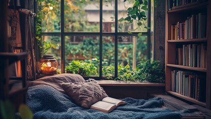 Cozy book area indoor with big lush garden window 