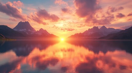 Obraz premium Serene Sunset Over Mountain Lake with Reflection of Colorful Sky and Peaks in Calm Waters, Capturing the Beauty of Nature in Tranquil Landscape Scenery