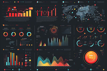 A collection of colorful graphs and charts with a world map in the background.