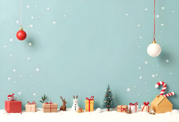 Various Christmas-themed elements including pine branches, holly berries, reindeer, Christmas trees, gifts, and other festive decorations