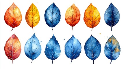 Obraz premium Vibrant Watercolor Leaf Collection on White Background Whimsical Botanical with Playful Color Splashes