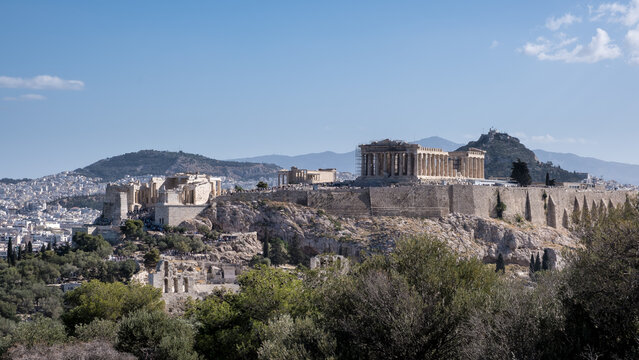 View of the Acropolis of Athens, UNESCO World Heritage Site, from Mouseion Hill, located to the southwest, Athens, Greece