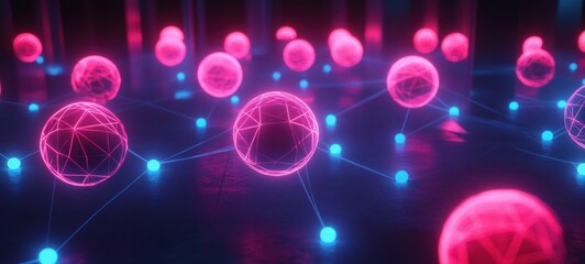 Obraz premium Abstract Neon Network: Pink and Blue Glowing Spheres Connected in a Futuristic Digital Space