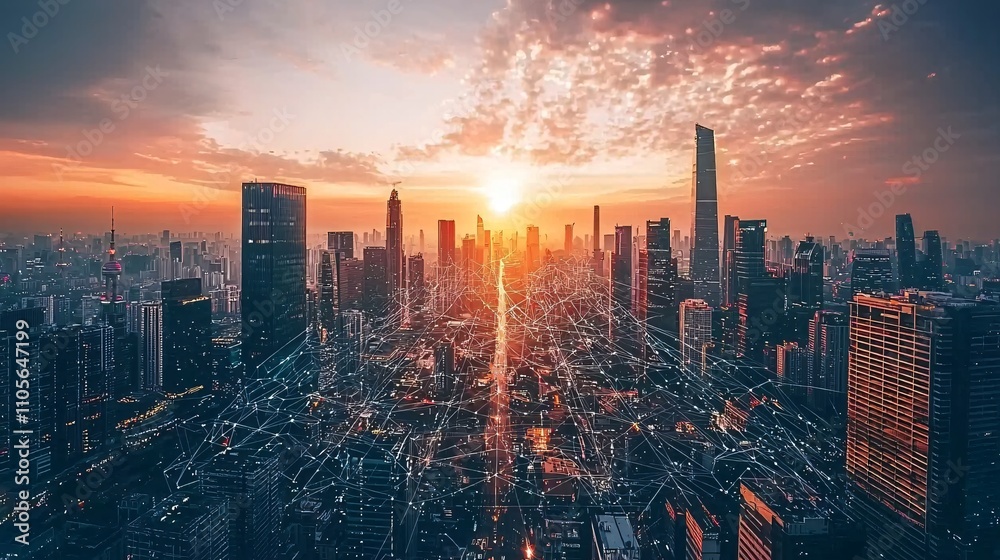 Poster a futuristic cityscape highlighting iot integration in business and urban connectivity stock photo w