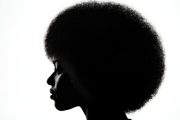 A bold silhouette image showcasing a profile with an afro hairstyle set against a stark white background, emphasizing the striking contrast and unique form.