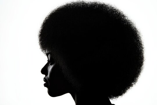 A bold silhouette image showcasing a profile with an afro hairstyle set against a stark white background, emphasizing the striking contrast and unique form.