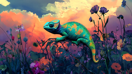 Adaptability: A Glowing Chameleon Seamlessly Blending into a Vibrant and Surreal Garden Landscape.