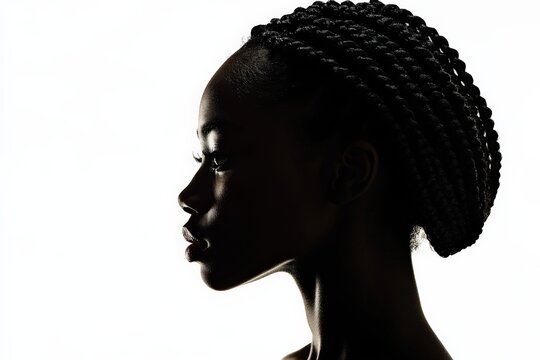 This striking image features the side profile of a woman adorned with cornrow braided hair and a small earring, silhouetted against a pristine white background.