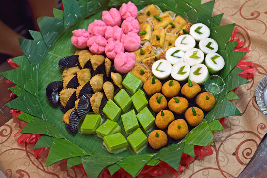 Close-up of plate of snacks, Pekalongan, Java island, Indonesia, Southeast Asia