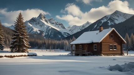 Fototapeta premium Snowy Mountain Landscape Featuring a Wooden Hotel Retreat