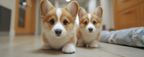 Two adorable corgi puppies looking at the camera indoors.