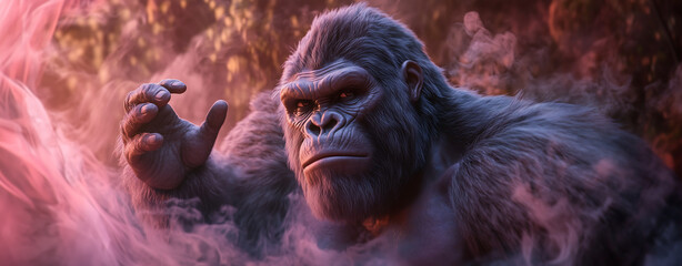 King Kong, majestic pose, fierce eyes, resolute face, pastel-colored studio 18:7