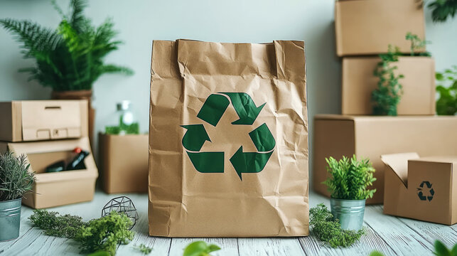 Environmentally friendly packaging paper bag and green recycling symbol, low-carbon economy concept