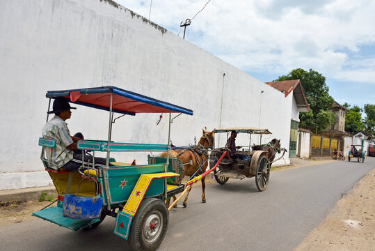 Dokar riding, horse-drawn cart, a typical Indonesian means of transport, Lasem, Java island, Indonesia, Southeast Asia