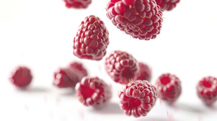 Fresh ripe red raspberries falling, showcasing their vibrant colors against a clean white backdrop