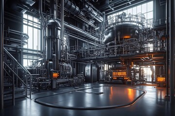 Fototapeta premium Dramatic Industrial Interior with Complex Machinery and Pipes in a Large Manufacturing Facility