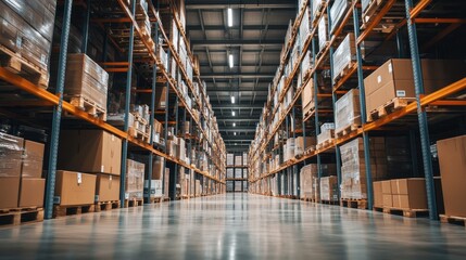 Fototapeta premium Warehouse interior filled with stacked boxes and pallets organized for efficient storage
