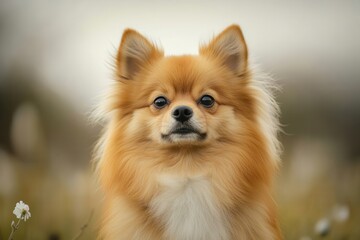 Obraz premium Portrait of adorable pomeranian dog sitting in meadow