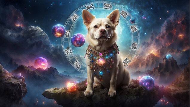 mystical dog surrounded with horoscope and zodiac signs over magic universe, astrology and spiritual animals concept