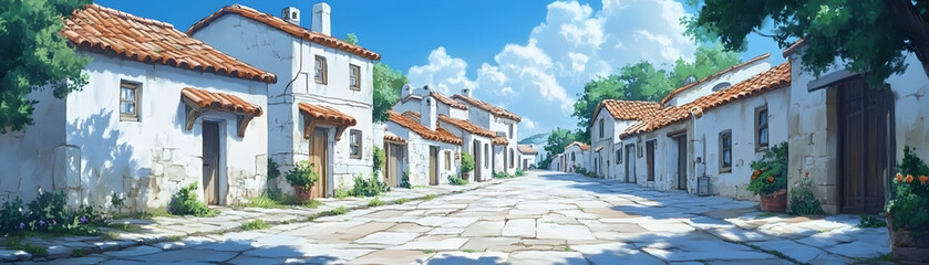 Digital Painting of a Sunny Village Street with White Houses and Red Tile Roofs