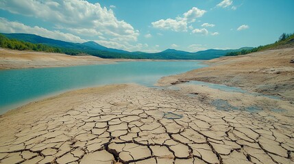 Dried-up lakebed with cracked earth, turquoise water, and mountains in the background.