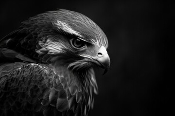 Obraz premium An elegant black and white image capturing a hawk's intense gaze, embodying themes of grace, focus, and the relentless pureness of its natural instincts.
