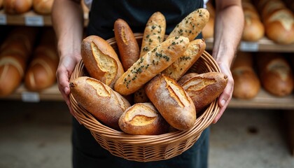 Freshly Baked Bread Basket Held By Hands on Wooden Table