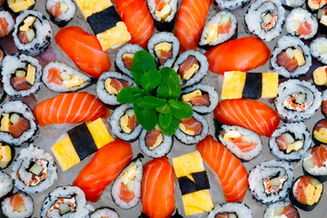 Different Japanese rolls and sushi on a plate, Japanese food, France