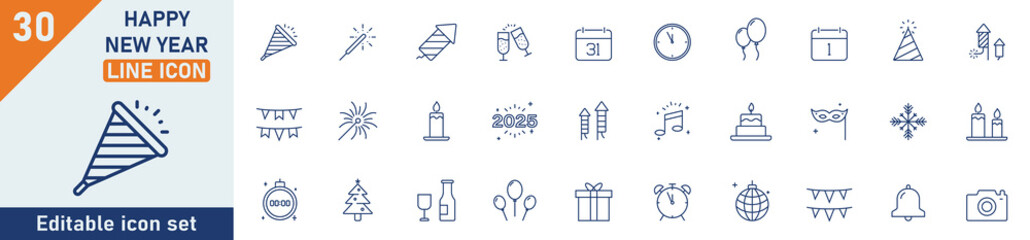 Fototapeta premium New Year line icon set. Set of 30 outline icons related to happy new year, firecrackers, trumpets, party, new year, fireworks, christmas, celebrate and others. Editable stroke. Vector illustration.