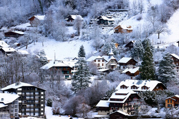 French Alps in winter, famous ski station, Saint Gervais Mont-Blanc village, Saint Gervais, Haute Savoie, France