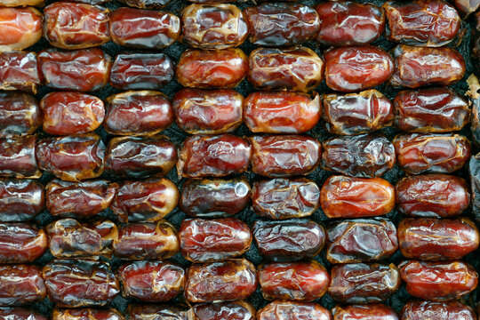 Dates (date palm fruits) displayed on the food market, special food for Ramadan, Surabaya, Java, Indonesia, South East Asia