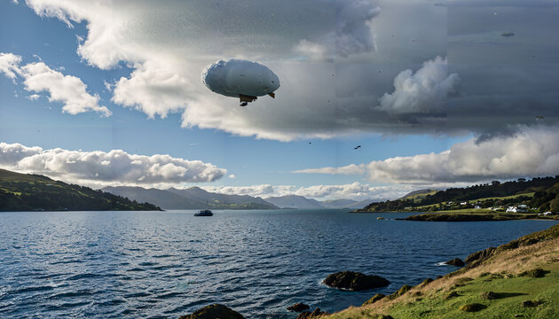 "Paysage maritime avec dirigeable sous les nuages"