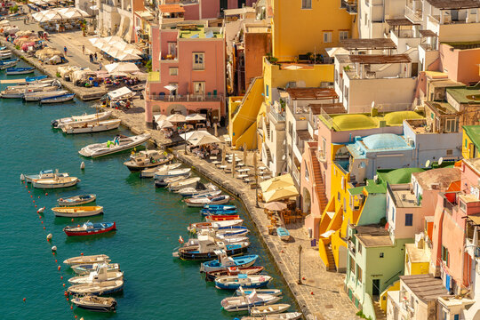 View of Marina di Corricella from elevated position, Procida, Phlegraean Islands, Gulf of Naples, Campania, Southern Italy, Italy