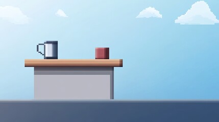 Minimalist Pixel Art Scene with Table, Mug, and Container