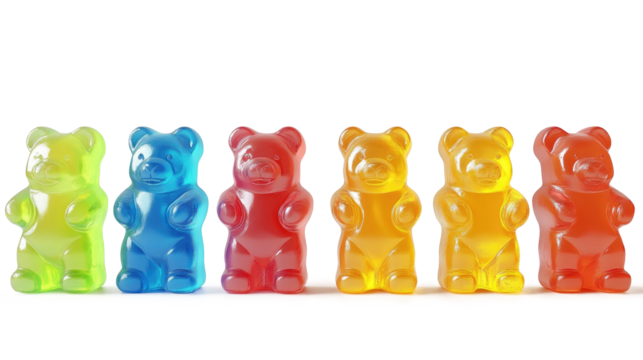 Collection of colorful jelly gummy bears, isolated on white background.