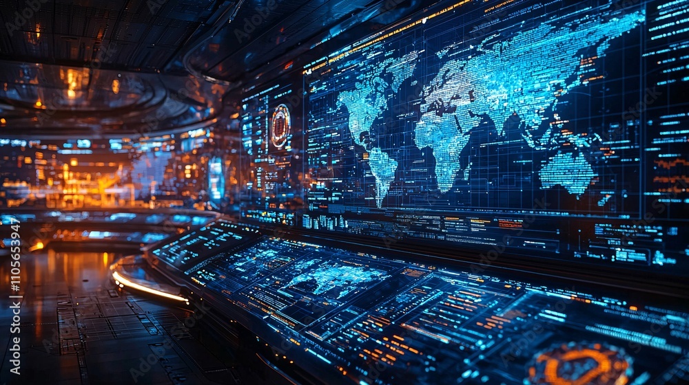 Poster a cyber threat monitoring station highlighting the importance of real-time protection stock photo wi