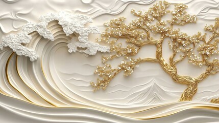 Decorative 3D mural wallpaper shows white waves, golden tree. Gold embellishments decorate tree branches. Background soft cream color. Design luxury style. Suitable for interior design. Wall