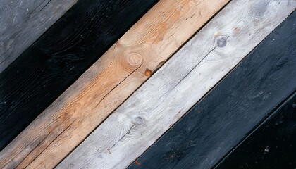 A close-up view of wooden planks in various shades, showcasing textures and colors ranging from black to natural wood tones.