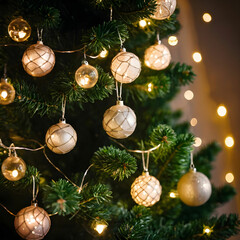 Beautiful baubles and string lights hanging on a Christmas tree