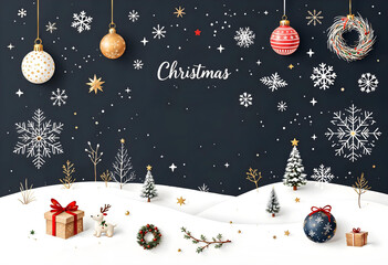 Various Christmas-themed elements including pine branches, holly berries, reindeer, Christmas trees, gifts, and other festive decorations