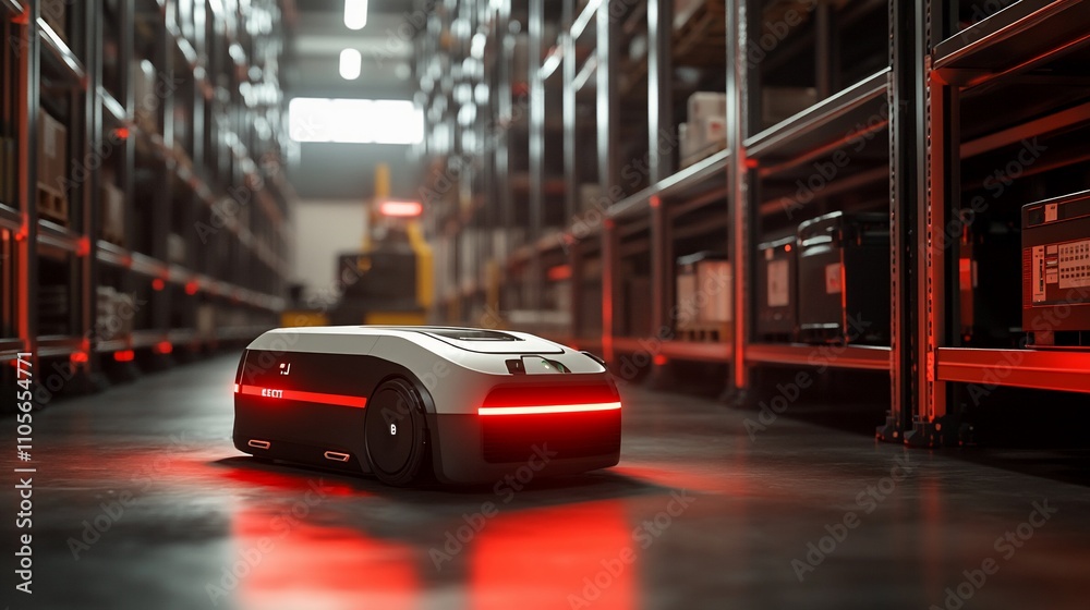 Aufkleber automated guided vehicle navigating warehouse aisle.
