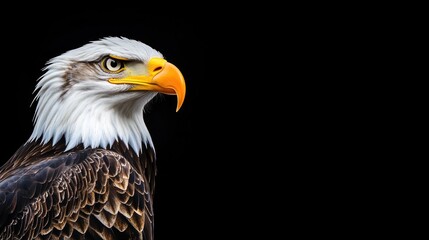 Obraz premium Majestic Bald Eagle with Striking Features and Detailed Plumage Against a Solid Black Background Showcasing Nature's Incredible Wildlife and Beauty