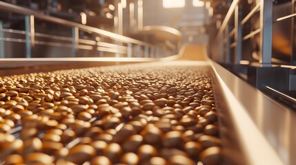 Detail of roast bean coffee at a factory going on an elevator system