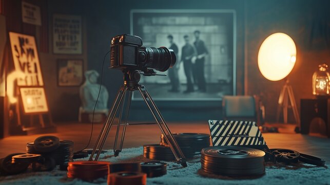 A vintage film set features a retro camera, scattered reels, and glowing movie posters, evoking nostalgia.
