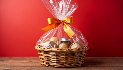 Gift Basket with Cookies Wrapped in Golden Ribbon