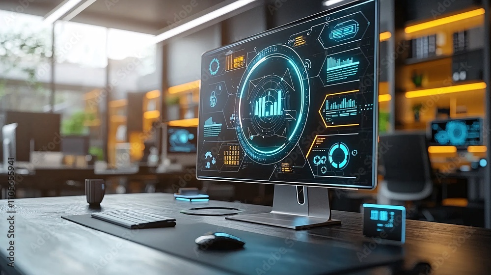 Poster A smart office showcasing encrypted IoT devices ensuring seamless and secure operations Stock Photo with side copy space